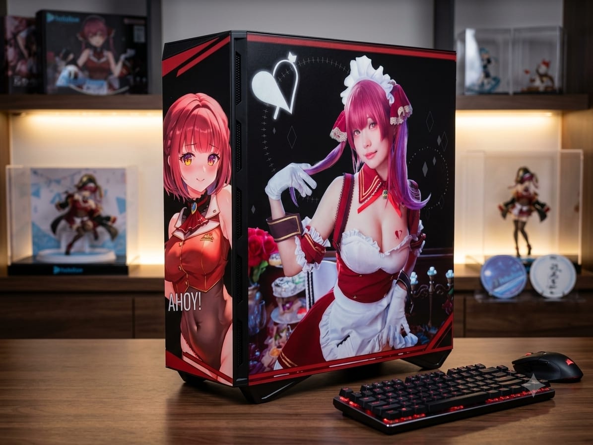 以 Hololive VTuber 寶鐘瑪琳為主題的客製化主機，機殼側板為女僕造型彩繪